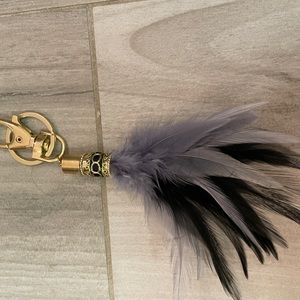 Feather key chain - gold hardware, black/gray feathers. New